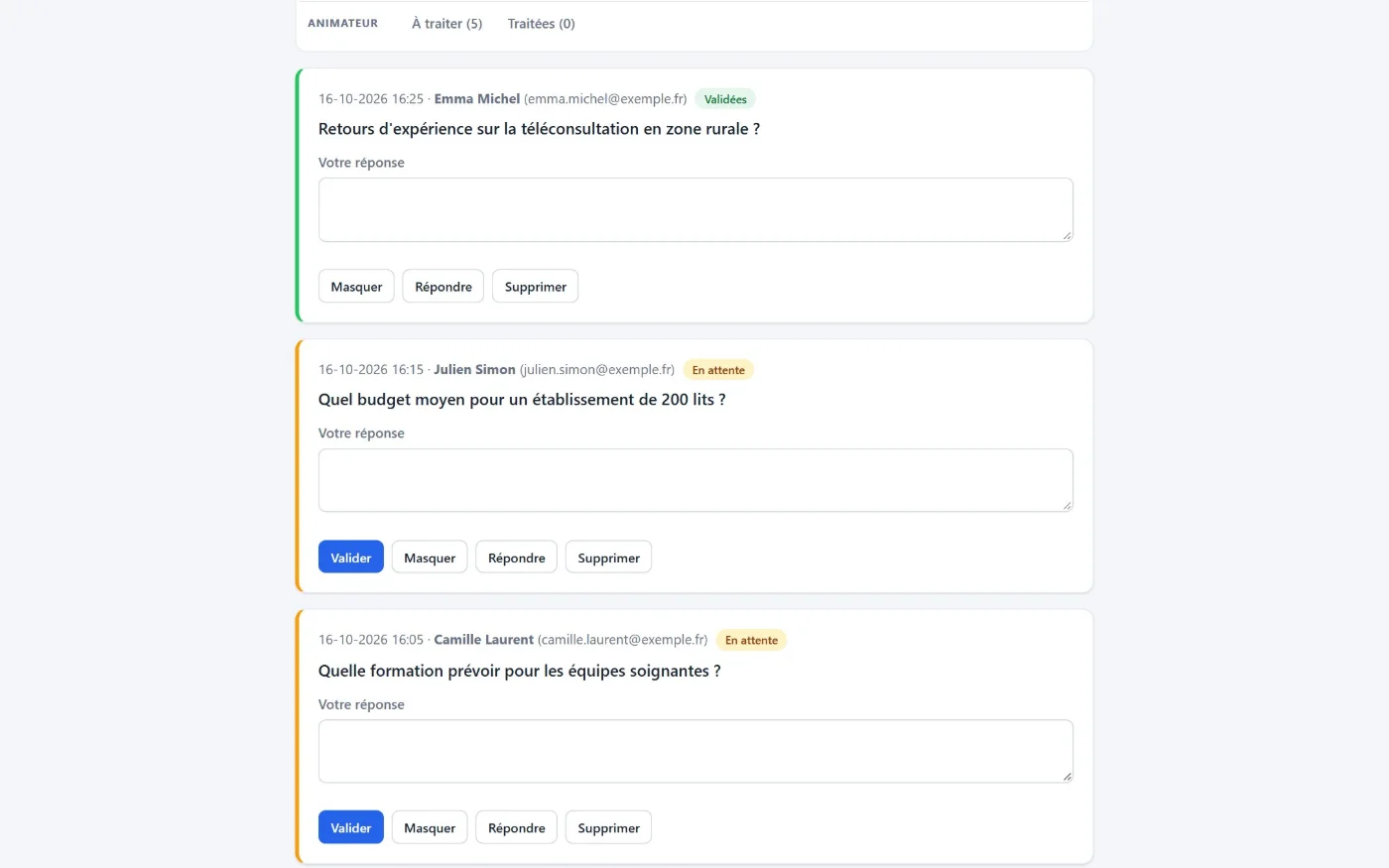 Modération des questions : valider, masquer, répondre, supprimer